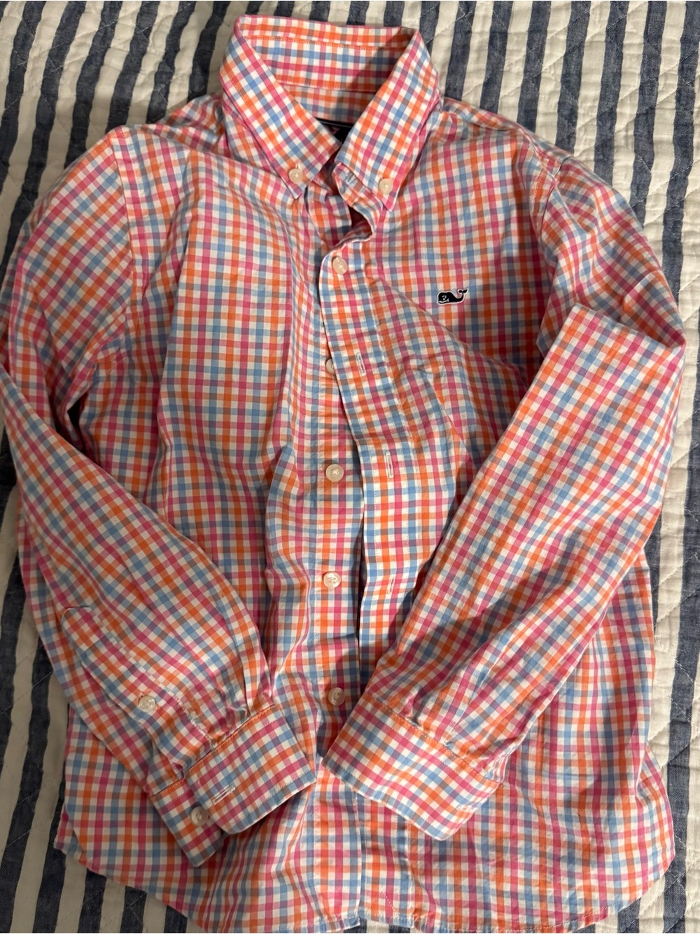 Vineyard Vines Pink Blue Orange Gingham Whale Shirt